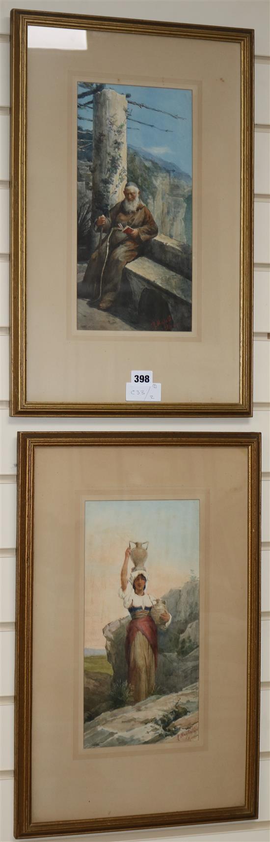 R.Maghelli, pair of watercolours, Monk on a terrace and woman watercarrier, signed and inscribed Roma 34 x 17cm.